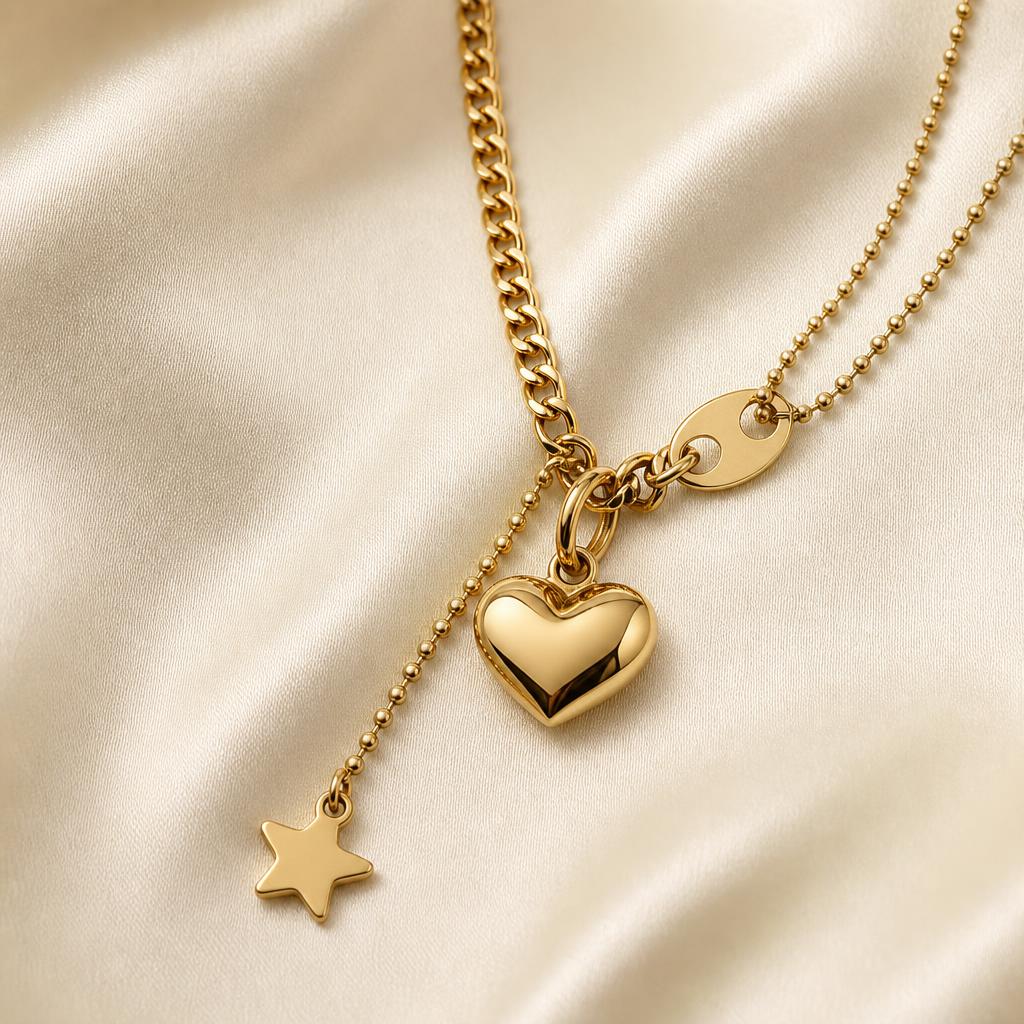 Detalle macro del corazon dorado pulido del colgante Belesya 2026